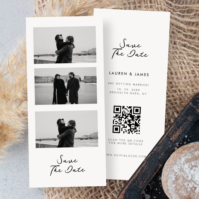 Chic Foto Strip Wedding QR Code Save the Date (Von Creator hochgeladen)