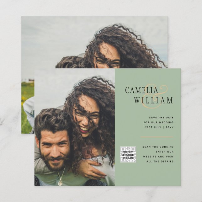 Chic Foto Wedding Invite QR Code Gerettet Datum Gr (Vorne/Hinten)