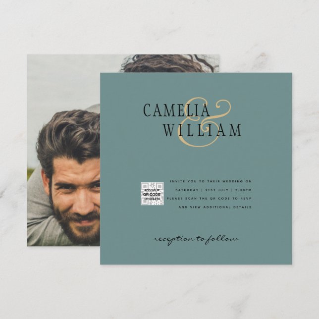 Chic Foto Wedding Invite QR Code Gerettet Datum Gr (Vorne/Hinten)