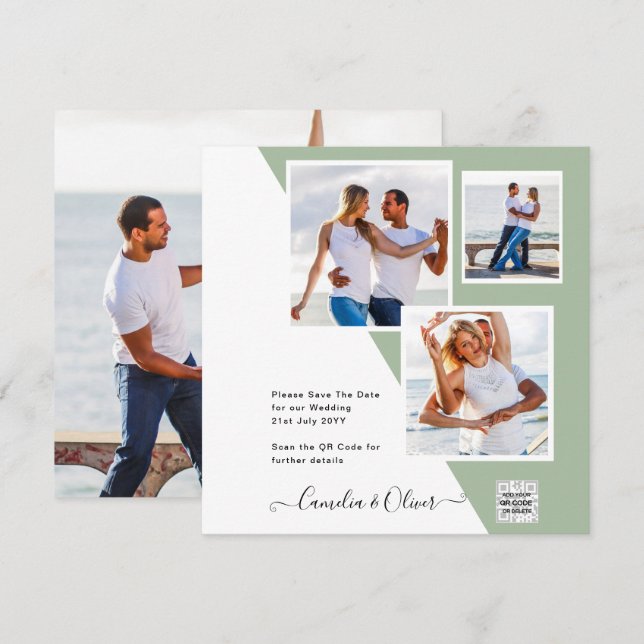 Chic Foto Wedding Invite QR Code Gerettet Datum Gr (Vorne/Hinten)