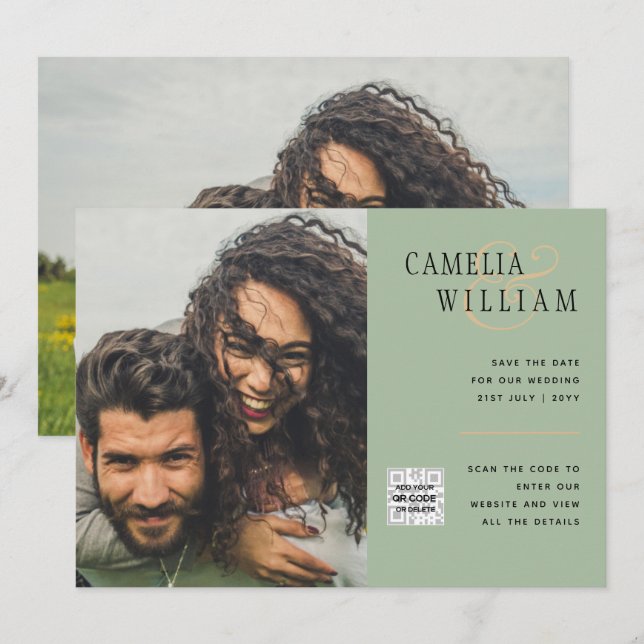 Chic Foto Wedding Invite QR Code Gerettet Datum Gr Einladung (Vorne/Hinten)