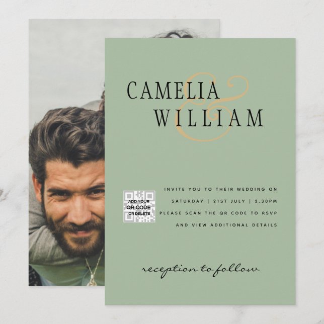 Chic Foto Wedding Invite QR Code Gerettet Datum Gr Einladung (Vorne/Hinten)