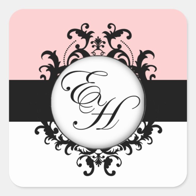 Chic French Black Monogram Damask Labels Square Quadratischer Aufkleber (Vorderseite)