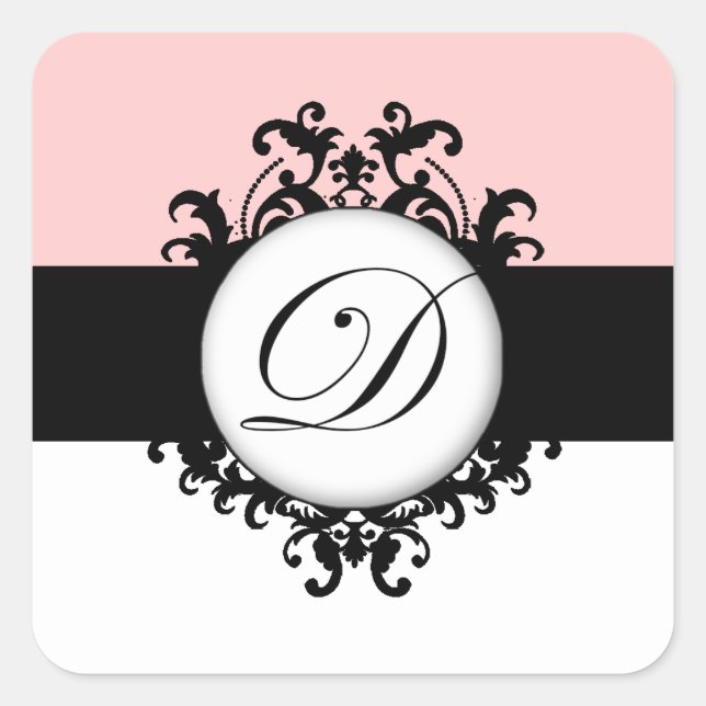 Chic French Black Monogram Damask Wedels Labels Quadratischer Aufkleber (Vorderseite)