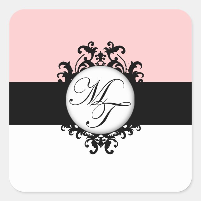 Chic French Black Monogram MT Damask Labels Quadratischer Aufkleber (Vorderseite)