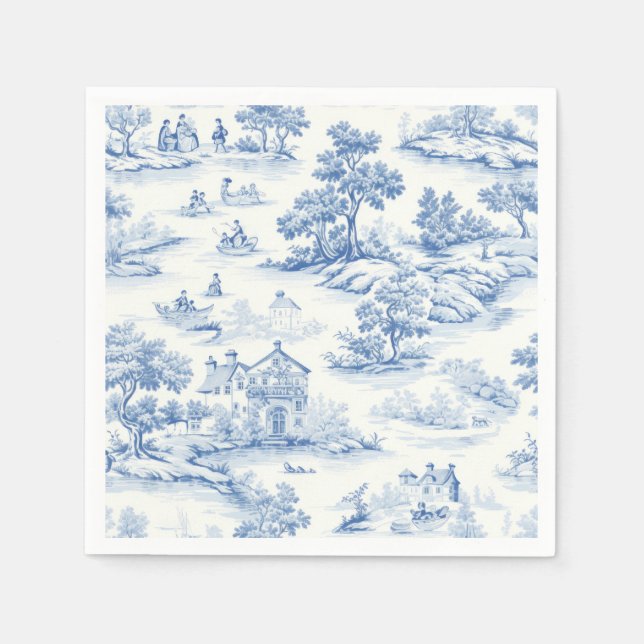 Chic French Hütte Style Blue Toile de Jouy Retro Serviette (Vorderseite)
