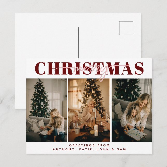 Chic Frohe Weihnachten Drei-Familien-Foto Typograf (Vorne/Hinten)