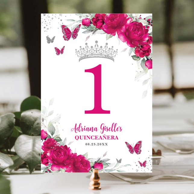 Chic Fuchsia Pink Floral Quinceañera XV Sweet 16 Tischnummer (Von Creator hochgeladen)