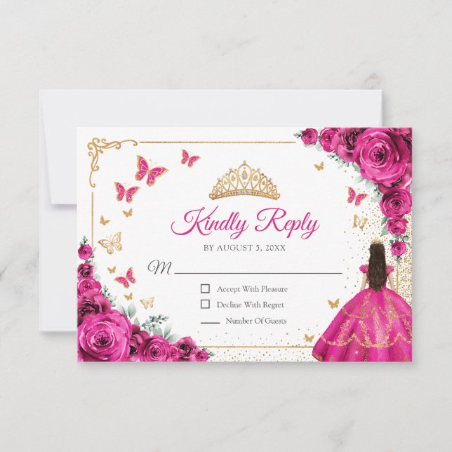 Chic Fuchsia Pink Roses Gold Quinceanera Reply RSVP Karte (Vorderseite)