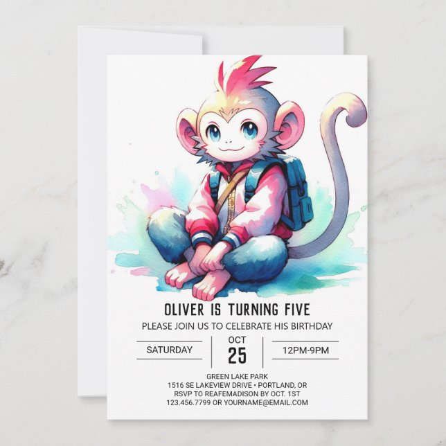 Chic Fun Monkey Geburtstag Einladung (Vorderseite)