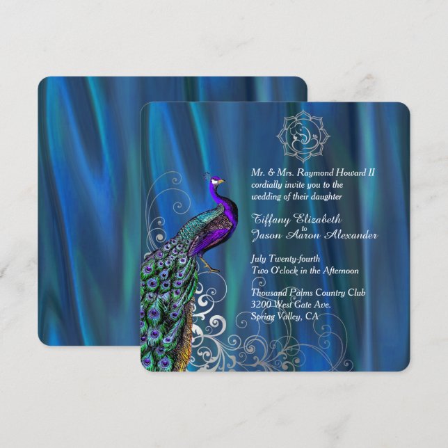 Chic Ganesha 2 Blue Satin and Peacock Wedding Einladung (Vorne/Hinten)