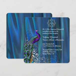 Chic Ganesha 2 Blue Satin and Peacock Wedding Einladung