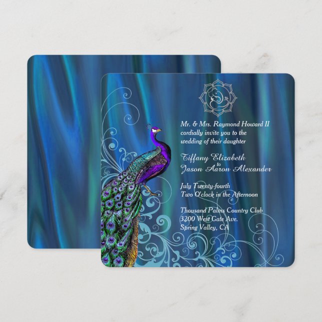 Chic Ganesha Blue Satin and Peacock Wedding  Einladung (Vorne/Hinten)