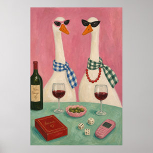 Chic Gänse-Wein-Nacht – Whimsical Pink Bistro Poster