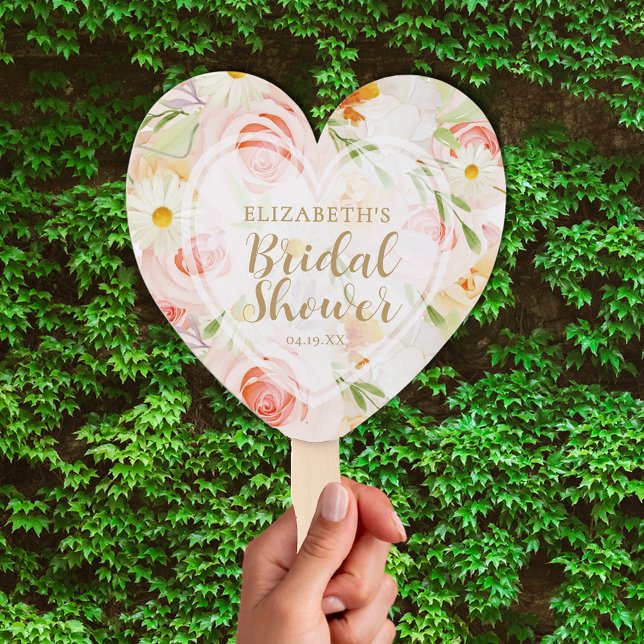 Chic Garden Blume Brautparty Fächer (Chic garden flowers bridal shower heart shaped hand fan, Assembled or non-assembled DIY)