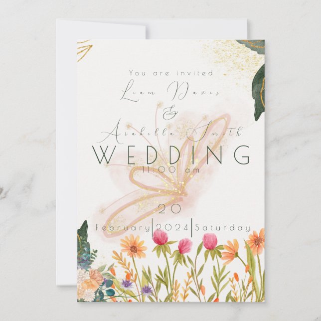 Chic Garden Sunrise Butterly Wedding Einladung (Vorderseite)