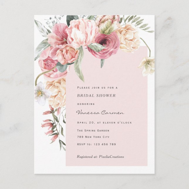 Chic garden Thema Aquarellblumen Brautparty Einladungspostkarte (Vorderseite)