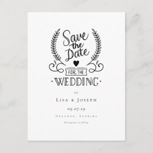 Chic Garland Black und White Script Save the Date Postkarte