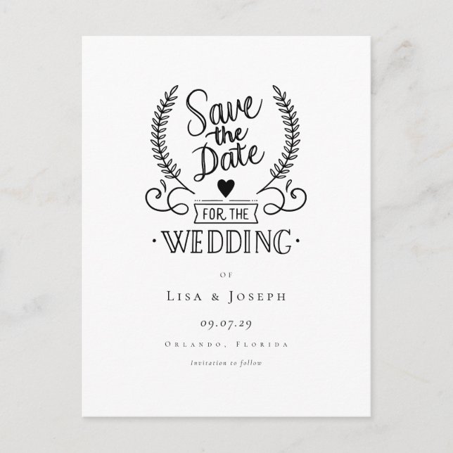 Chic Garland Script Schwarz und Weiß Save the Date Ankündigungspostkarte (Vorderseite)