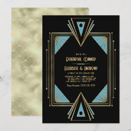 Chic Gatsby Art Deco Blau & Gold Probeessen Einlad Einladung