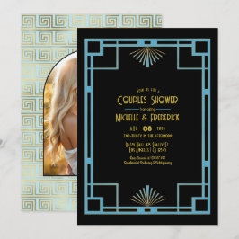 Chic Gatsby Art Deco Blue & Gold Couples Shower Einladung