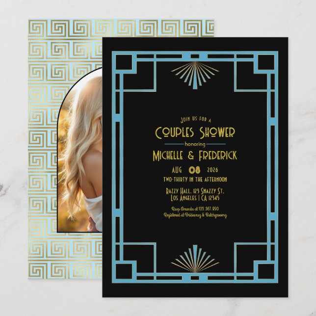 Chic Gatsby Art Deco Blue & Gold Couples Shower Einladung (Vorne/Hinten)