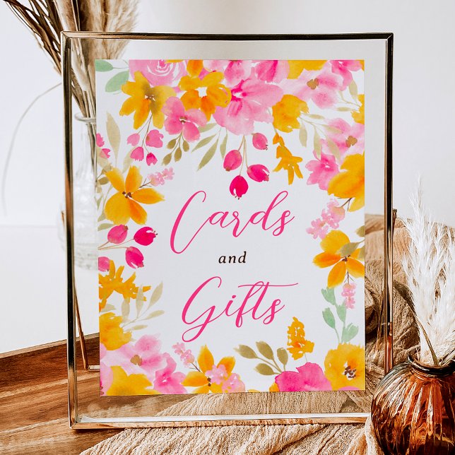 Chic gelb rosa Blumenschild Poster (Chic yellow pink floral watercolor bridal sign)