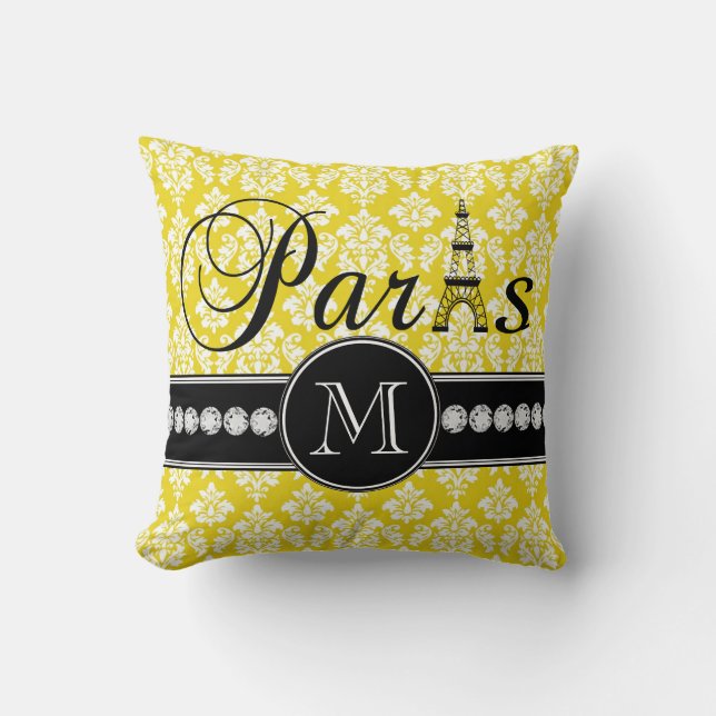 Chic-gelber Damast Paris mit Monogramm Kissen (Vorderseite)