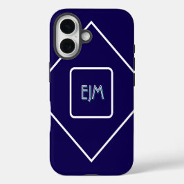 Chic Geometric Blau und Weiß Mit Monogramm iPhone 16 Hülle