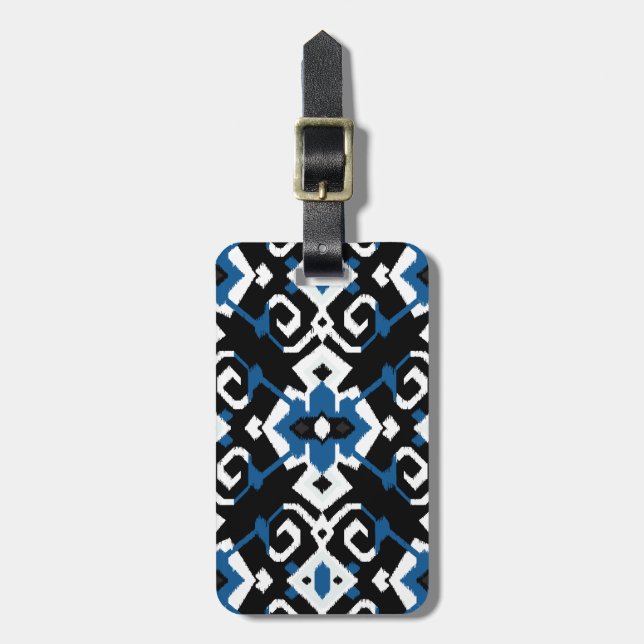 Chic geometric blue black tribal ikat print gepäckanhänger (Vorderseite vertikal)