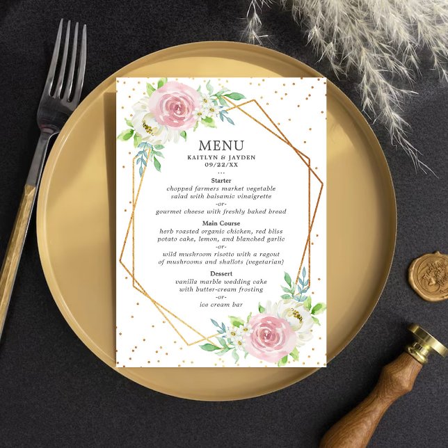 Chic Geometric Gold Foil Floral Wedding Menükarte (Von Creator hochgeladen)