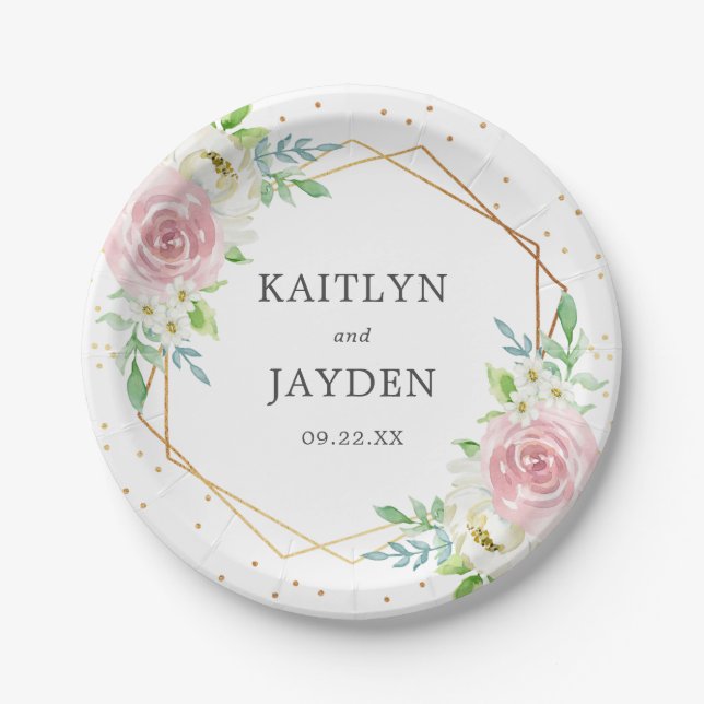 Chic Geometric Gold Foil Floral Wedding Pappteller (Vorderseite)