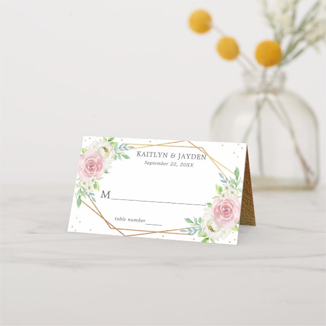 Chic Geometric Gold Foil Floral Wedding Platzkarte (Vorderseite)