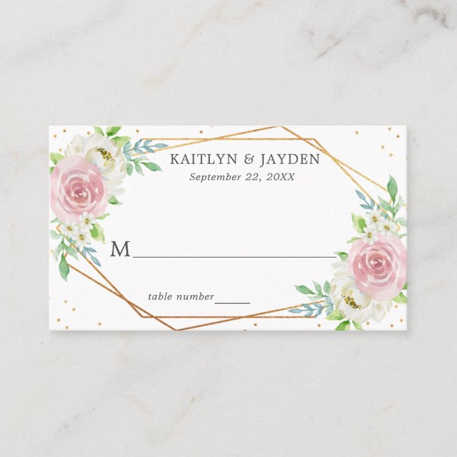 Chic Geometric Gold Foil Floral Wedding Platzkarte (Vorderseite)