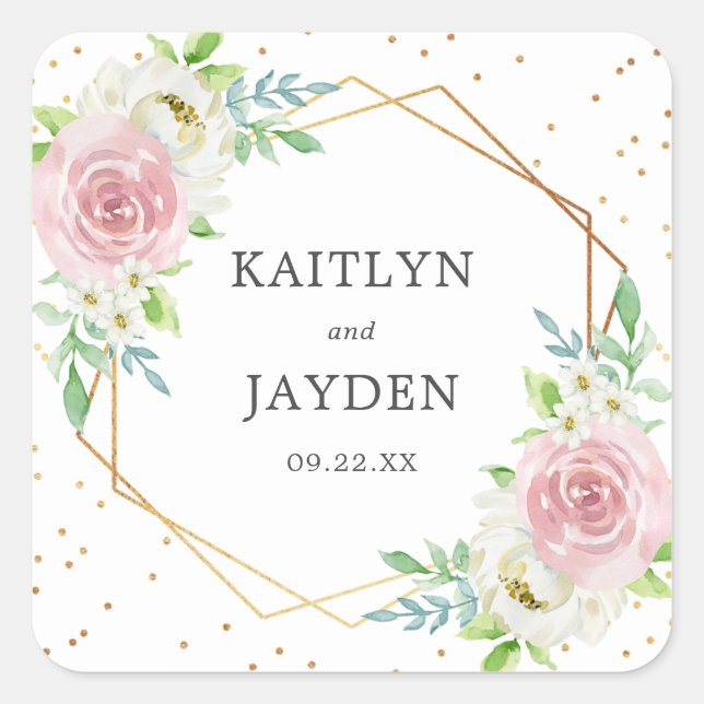 Chic Geometric Gold Foil Floral Wedding Quadratischer Aufkleber (Vorderseite)