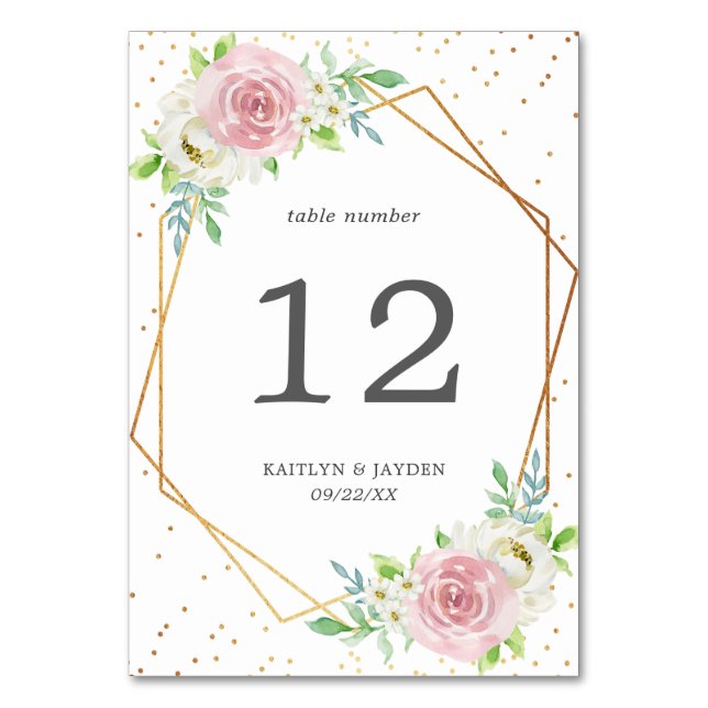 Chic Geometric Gold Foil Floral Wedding Tischnummer (Vorderseite)