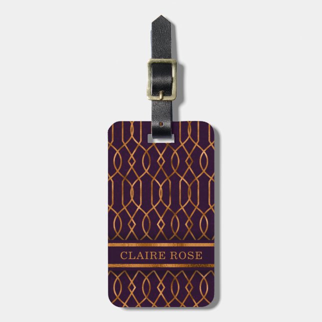 Chic Geometric Lila Gold Lattice Muster Gepäckanhänger (Vorderseite vertikal)
