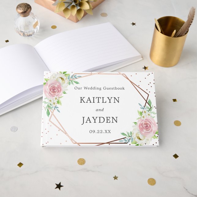 Chic Geometric Rose Gold Foil Floral Wedding Gästebuch (Vorderseite Offen)