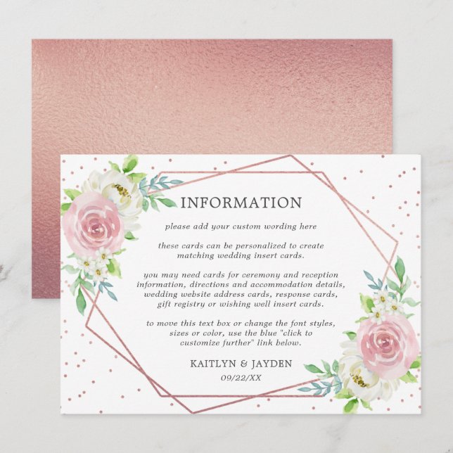 Chic Geometric Rose Gold Foil Floral Wedding Info Einladung (Vorne/Hinten)