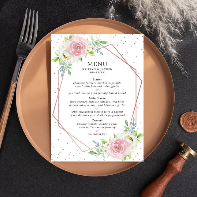Chic Geometric Rose Gold Foil Floral Wedding Menükarte (Von Creator hochgeladen)