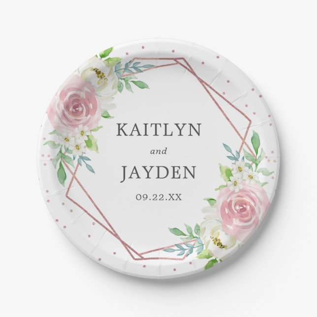 Chic Geometric Rose Gold Foil Floral Wedding Pappteller (Vorderseite)