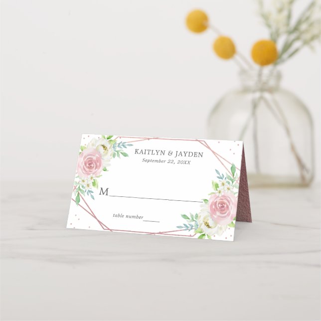 Chic Geometric Rose Gold Foil Floral Wedding Platzkarte (Vorderseite)