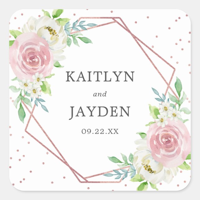 Chic Geometric Rose Gold Foil Floral Wedding Quadratischer Aufkleber (Vorderseite)