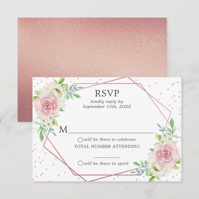 Chic Geometric Rose Gold Foil Floral Wedding RSVP Einladung (Vorne/Hinten)