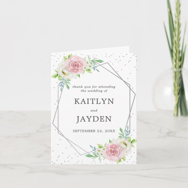 Chic Geometric Silver Foil Floral Wedding Dankeskarte (Vorderseite)