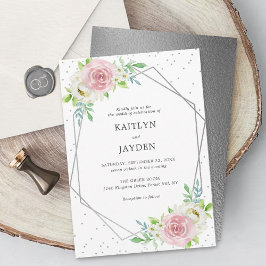 Chic Geometric Silver Foil Floral Wedding Einladung
