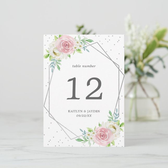 Chic Geometric Silver Foil Floral Wedding Einladung (Stehend Vorderseite)