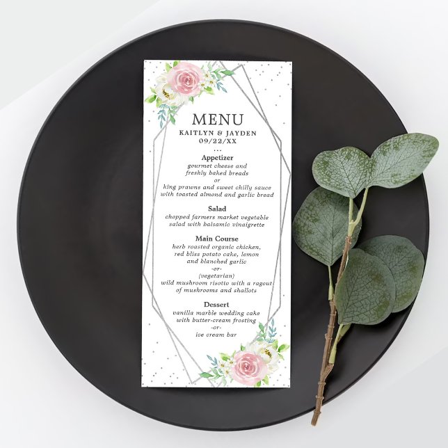Chic Geometric Silver Foil Floral Wedding Menu Werbekarte (Von Creator hochgeladen)