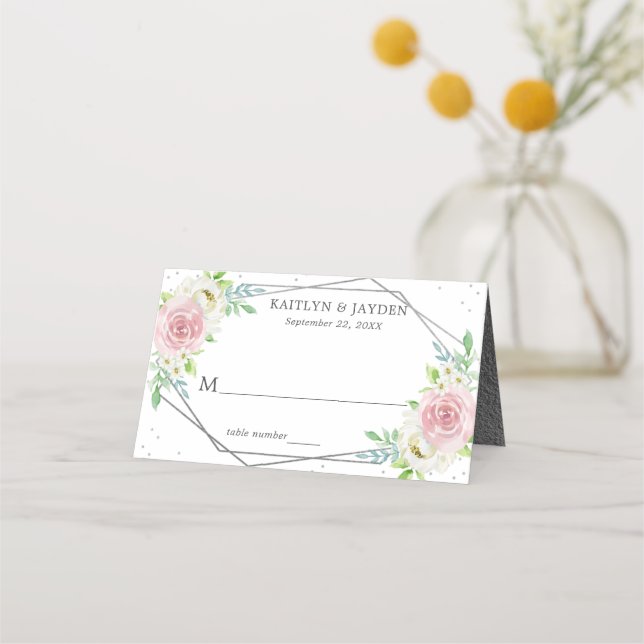 Chic Geometric Silver Foil Floral Wedding Platzkarte (Vorderseite)