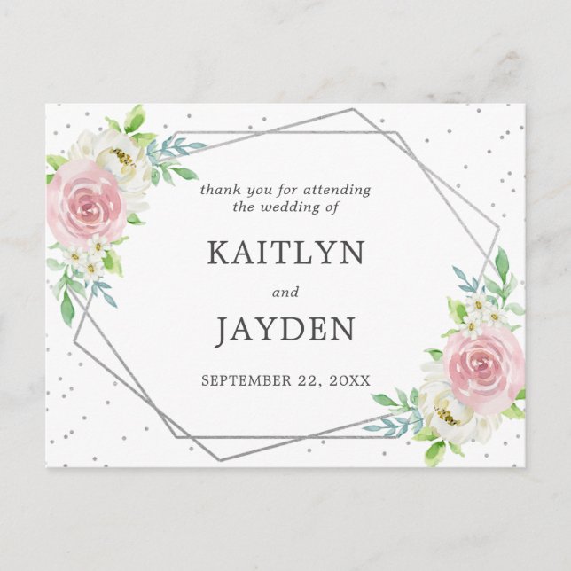 Chic Geometric Silver Foil Floral Wedding Postkarte (Vorderseite)